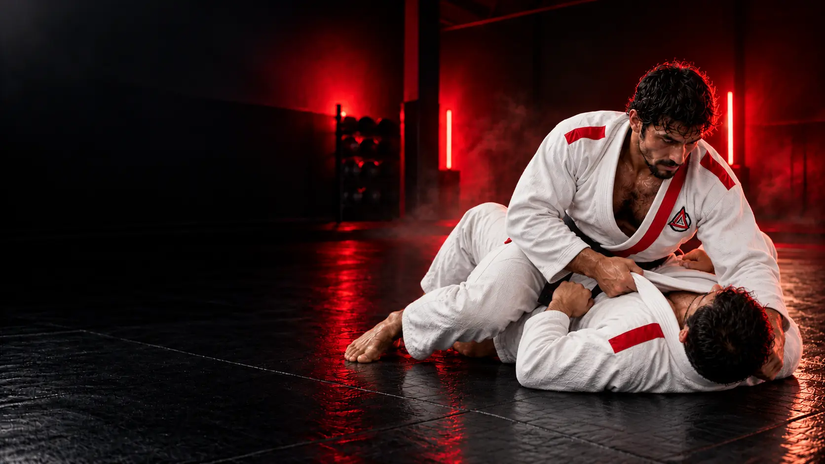 Atleta por cima, na montada, segurando a gola do kimono do oponente deitado no tatame