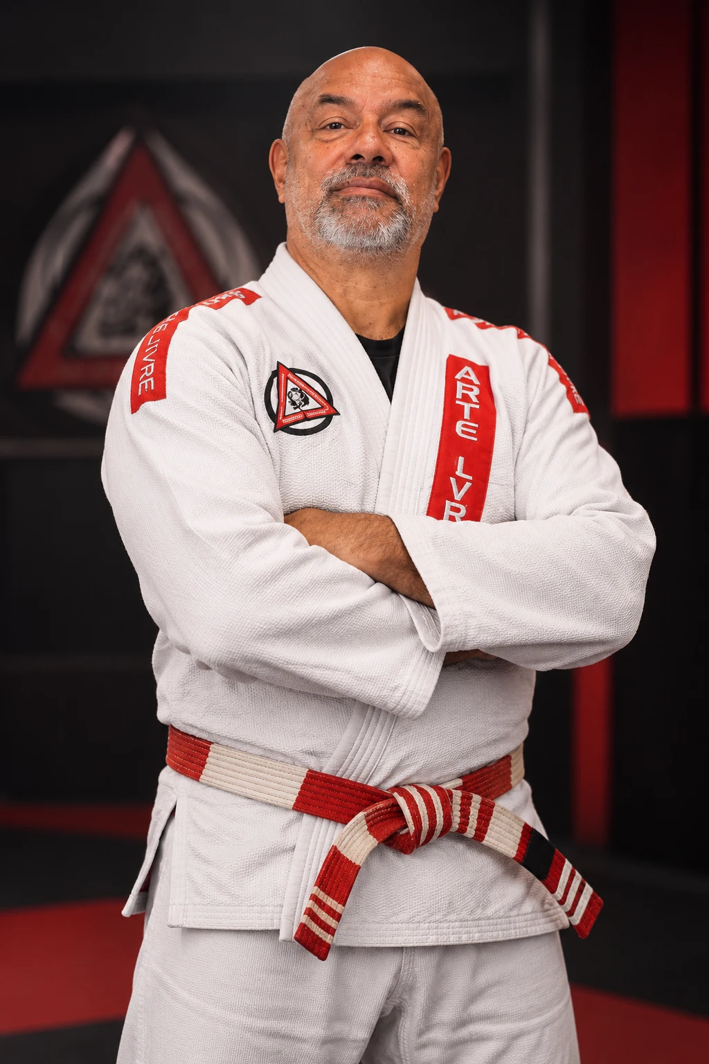 Mestre Neury Gomes de braços cruzados, de kimono branco da Arte Livre BJJ e faixa vermelha e branca, no tatame da academia